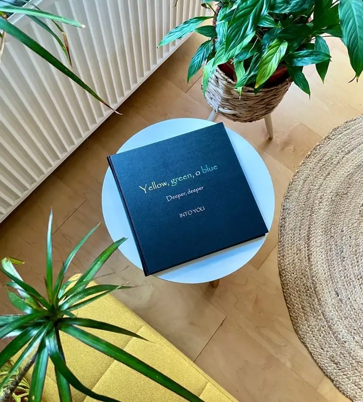 The navy book on a stool between plants