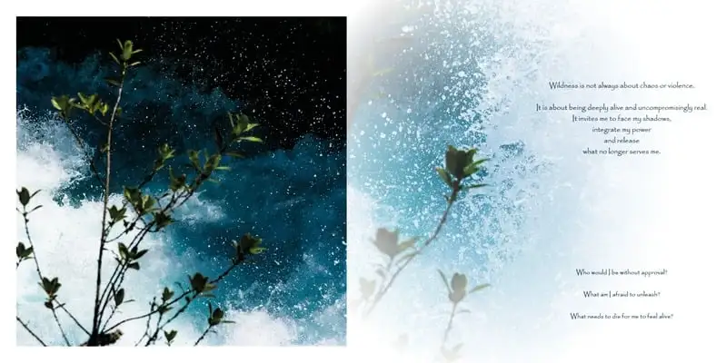 Spread: blue botanical photograph beside a poem