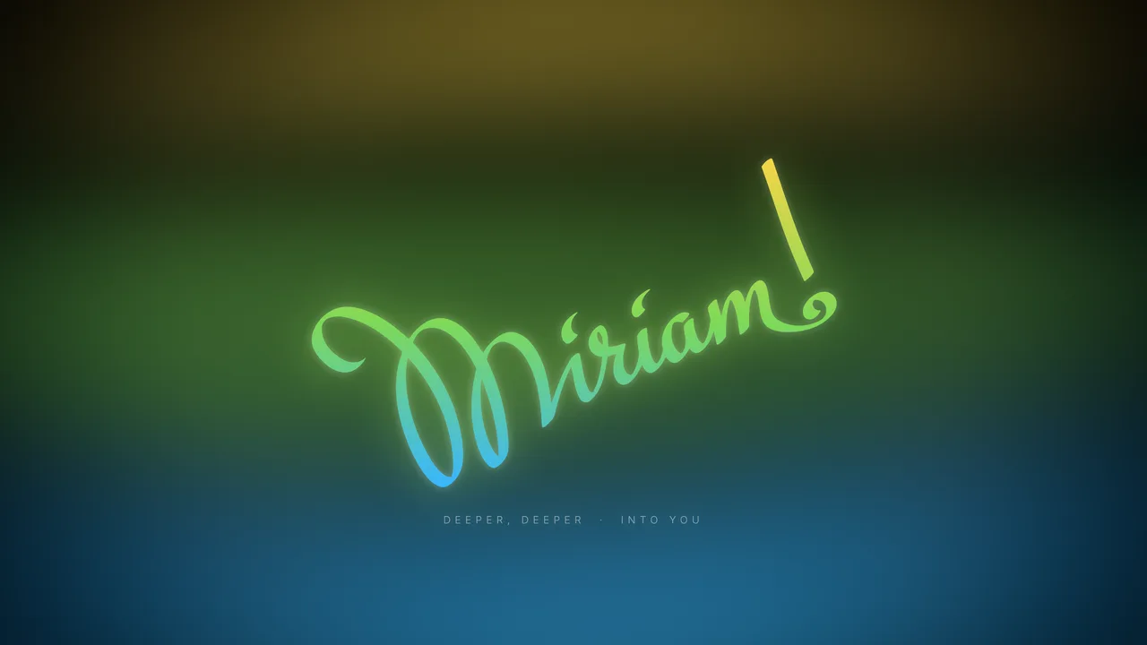 Desktop wallpaper: Miriam's handwritten signature glowing over yellow, green and blue